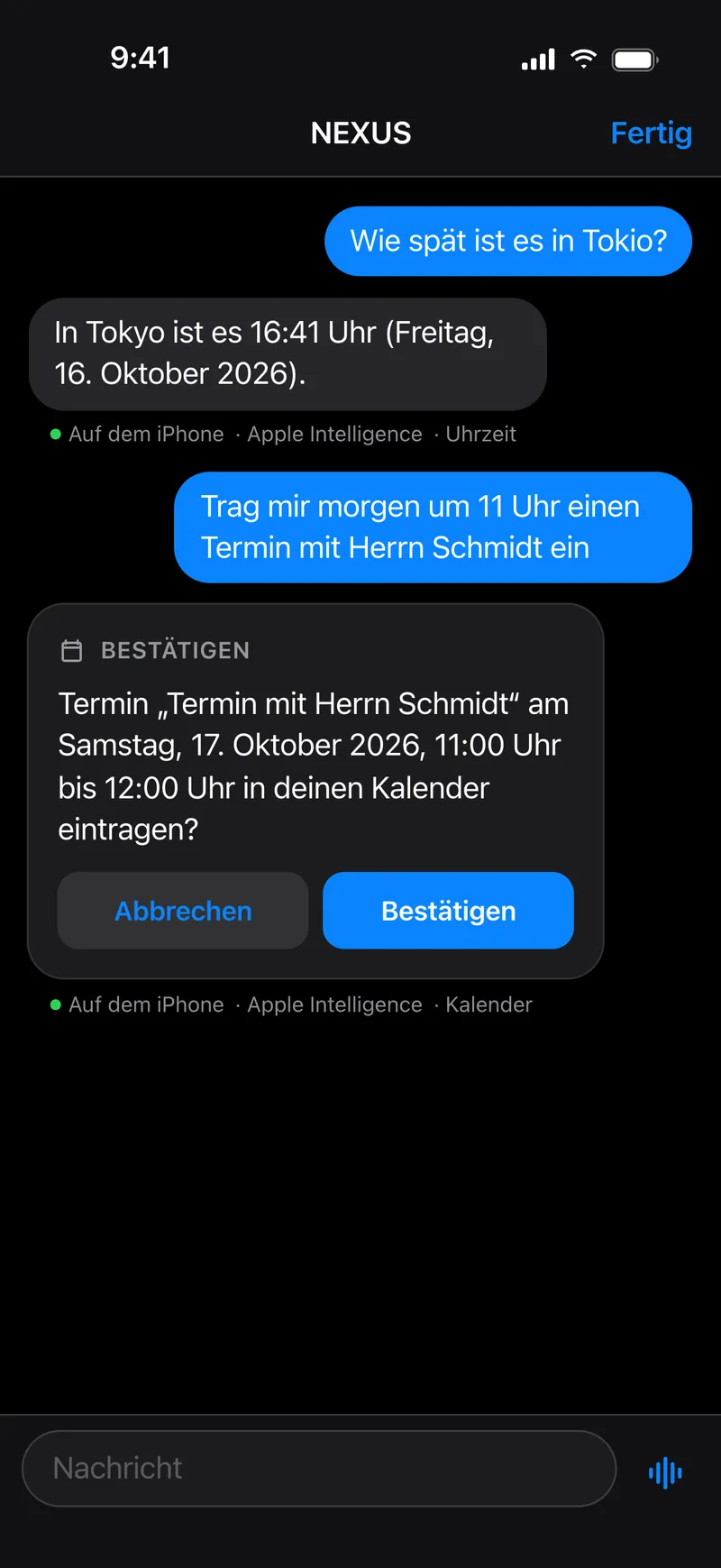 Chat in NEXUS: Ein Termin mit Herrn Schmidt wartet auf Bestätigung, darunter die Knöpfe Abbrechen und Bestätigen.