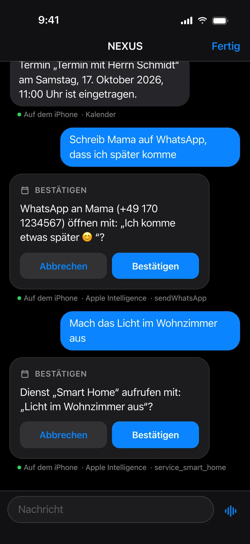 Chat in NEXUS: „Mach das Licht im Wohnzimmer aus“ – NEXUS fragt, ob es den Dienst „Smart Home“ aufrufen soll.