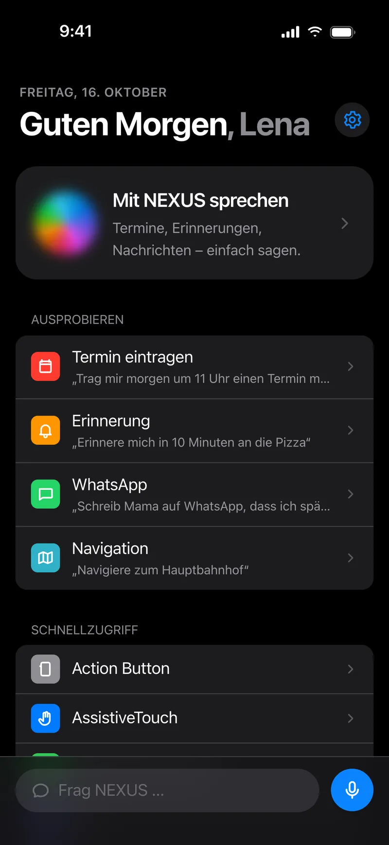 Startseite von NEXUS mit „Mit NEXUS sprechen“, Beispielen zum Ausprobieren und dem Schnellzugriff.