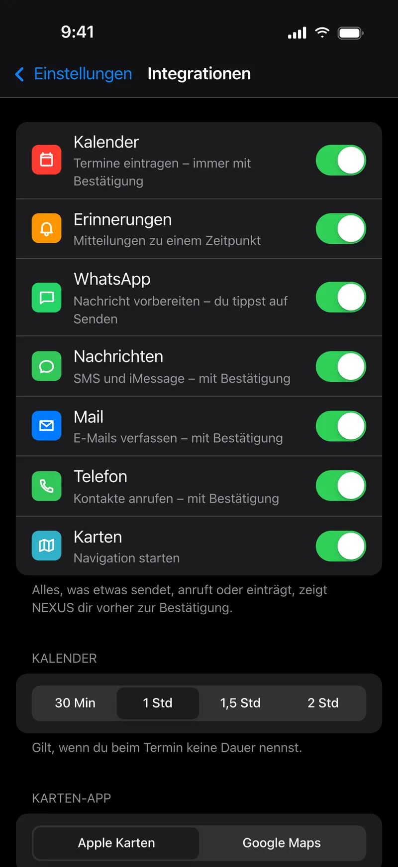 Einstellungen › Integrationen: Schalter für Kalender, Erinnerungen, WhatsApp, Nachrichten, Mail, Telefon und Karten.