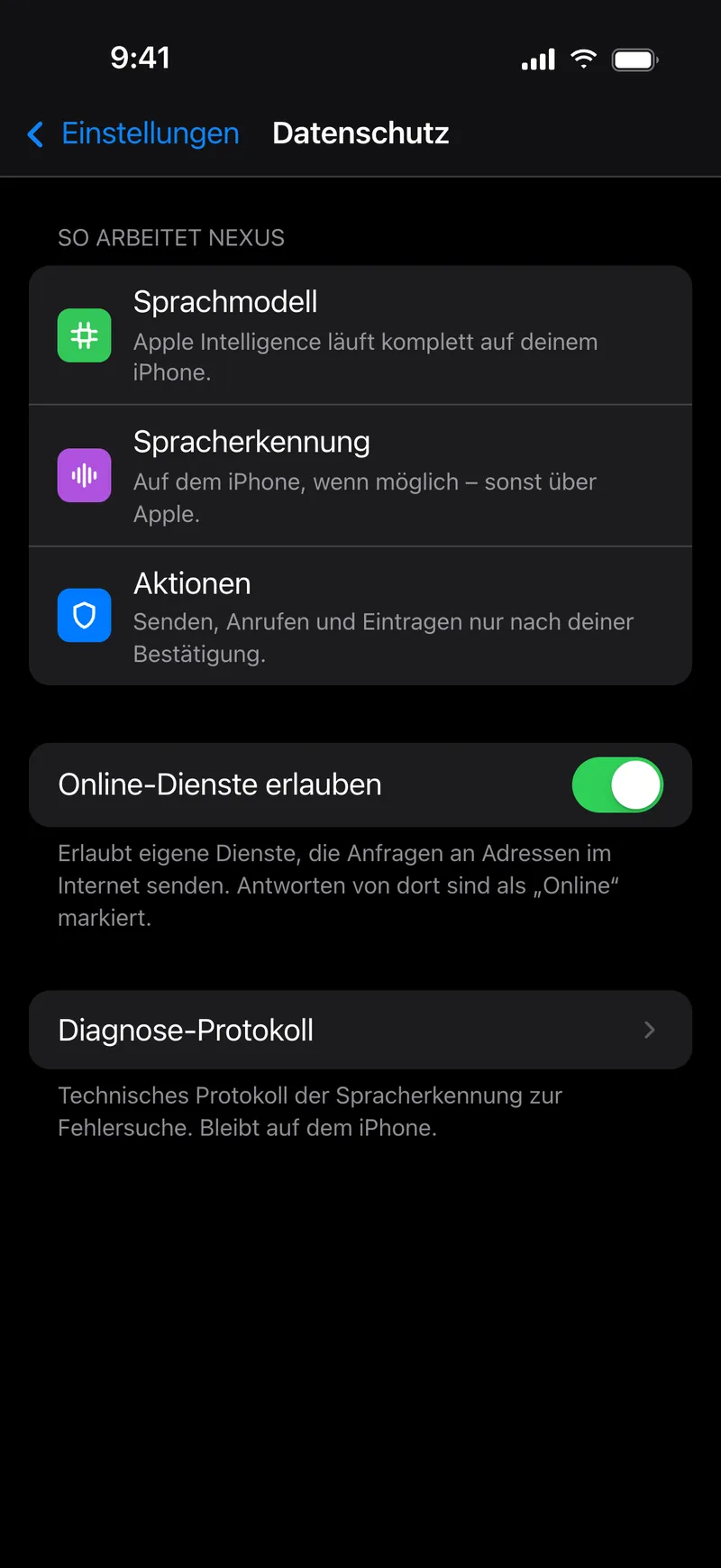 Einstellungen › Datenschutz: Sprachmodell auf dem iPhone, Spracherkennung auf dem iPhone wenn möglich, Aktionen nur nach Bestätigung, Schalter „Online-Dienste erlauben“.